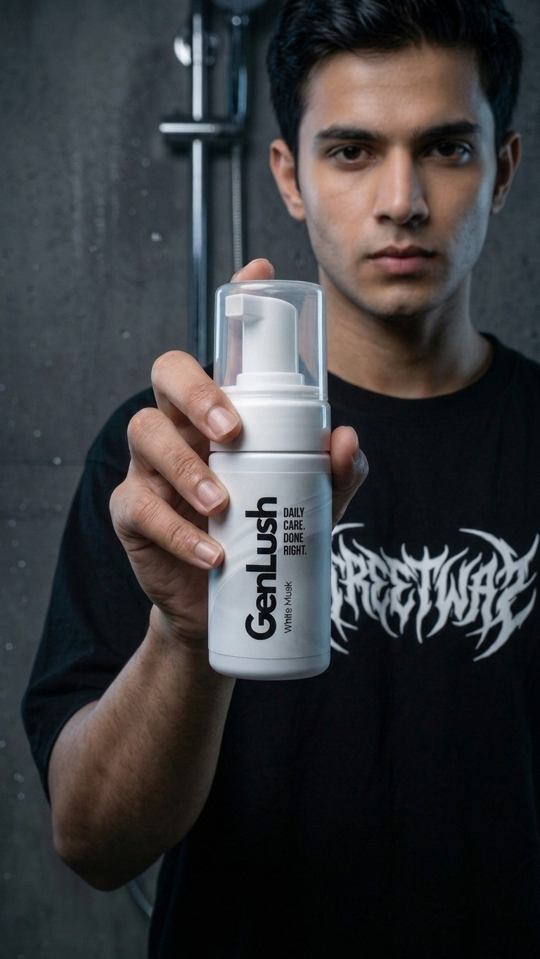 A GenLush customer holding the Foaming Intimate Wash in the shower