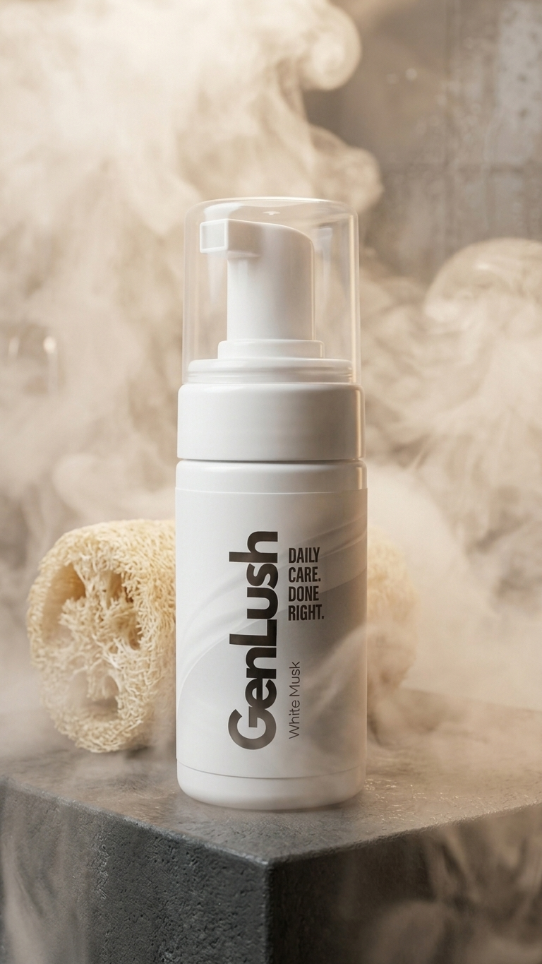 GenLush Foaming Intimate Wash in a warm, misty shower setting